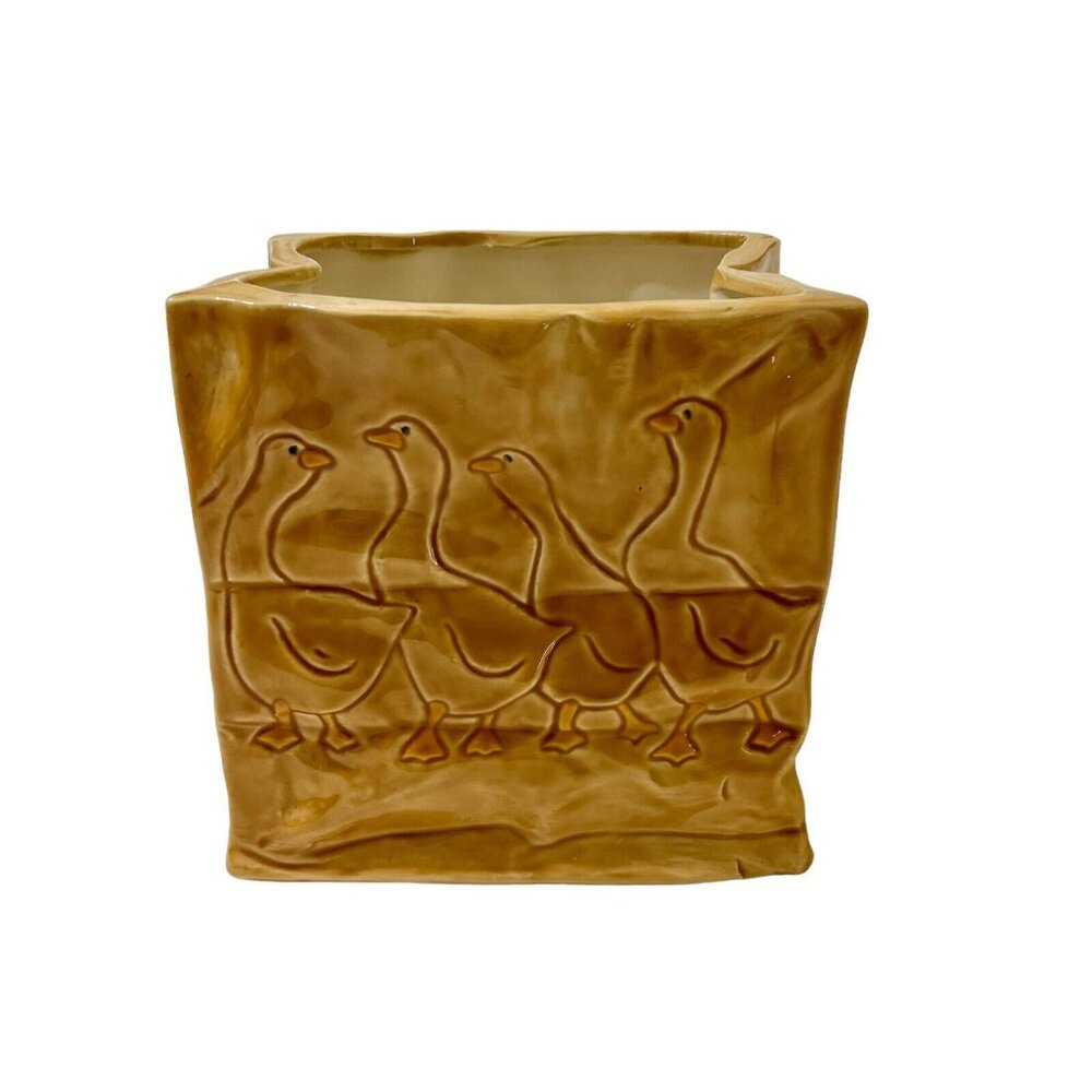 Geese on a Paper Bag Ceramic 6.5" Tall Tan Planter Vase Utensil Holder Unbranded